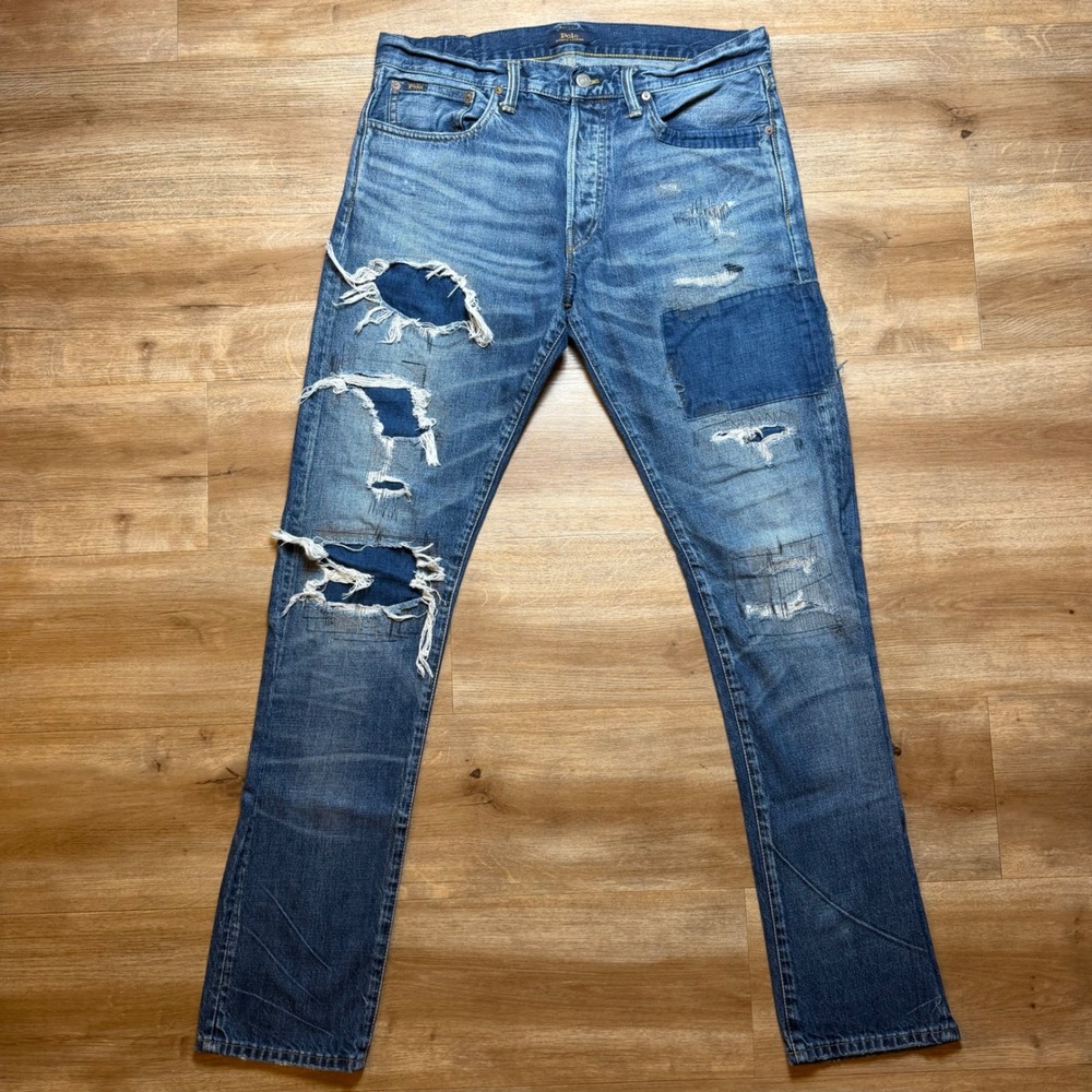 Polo Ralph Lauren Sullivan Slim Jeans Men 32x34 Blue Distressed Patchwork Denim
